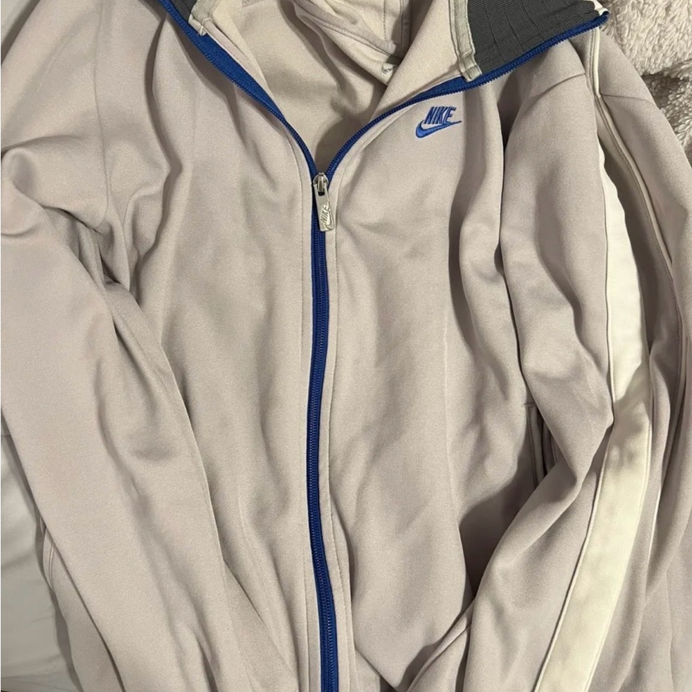 Nike Men's Grey and Cream Jacket with Blue Trim